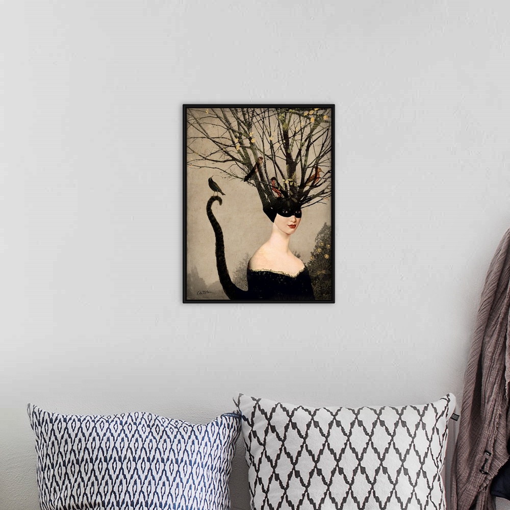 A bohemian room featuring A woman with a cat tail has tree branches coming from her head where birds are resting.