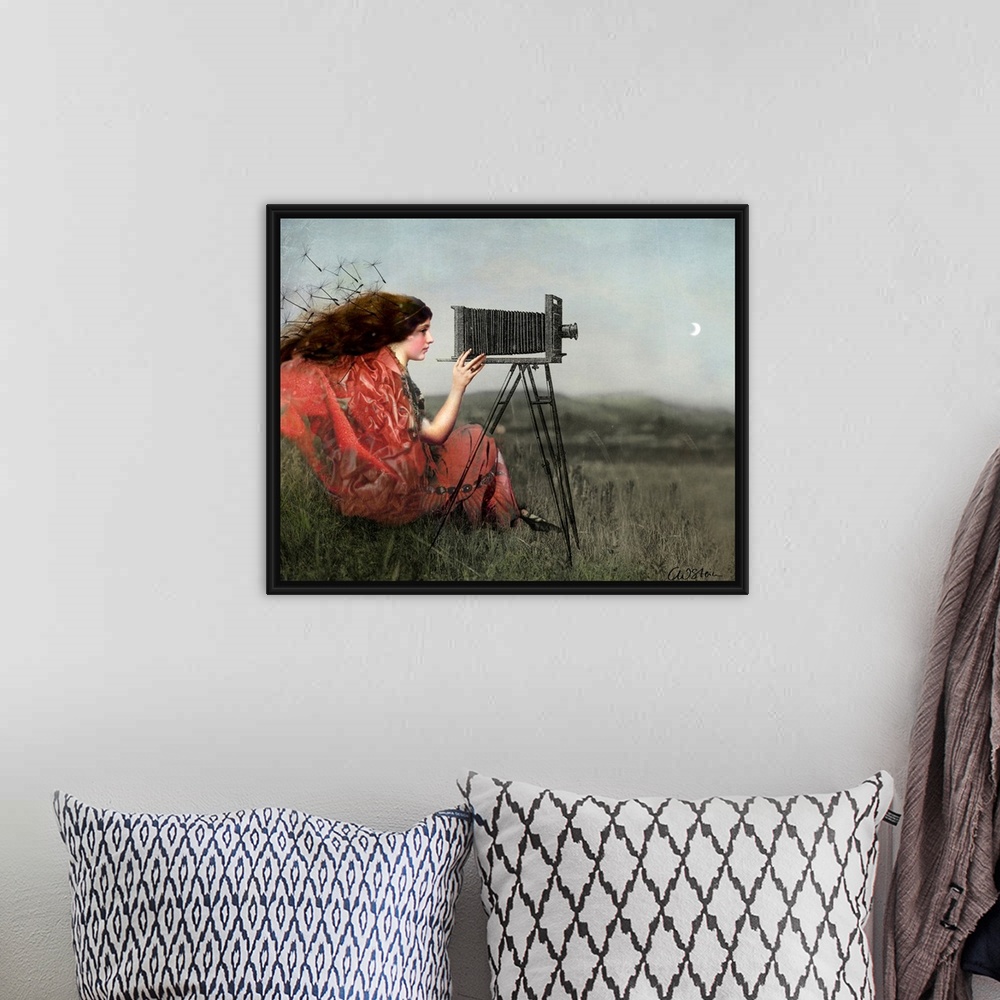 A bohemian room featuring A digital composite of a female in a field using a view camera.