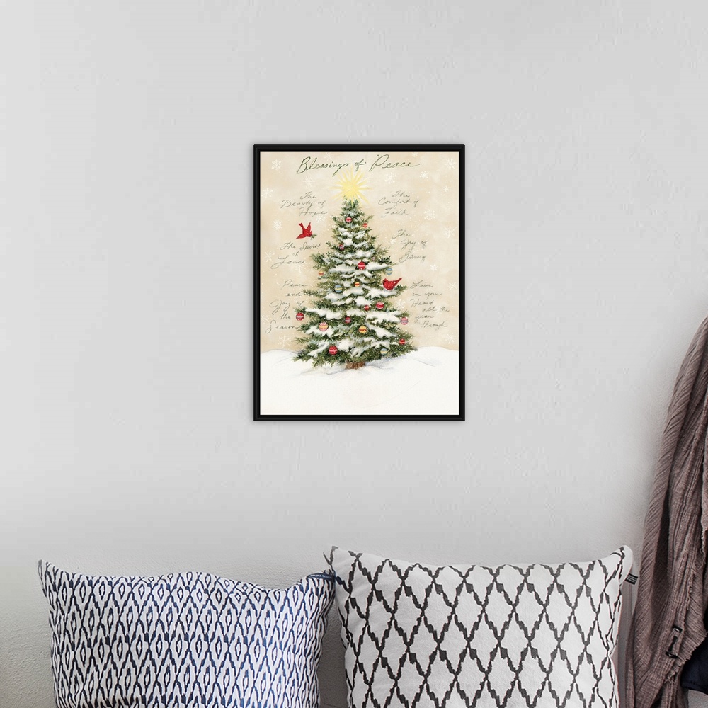 A bohemian room featuring A classic Christmas Tree evokes the holiday spirit