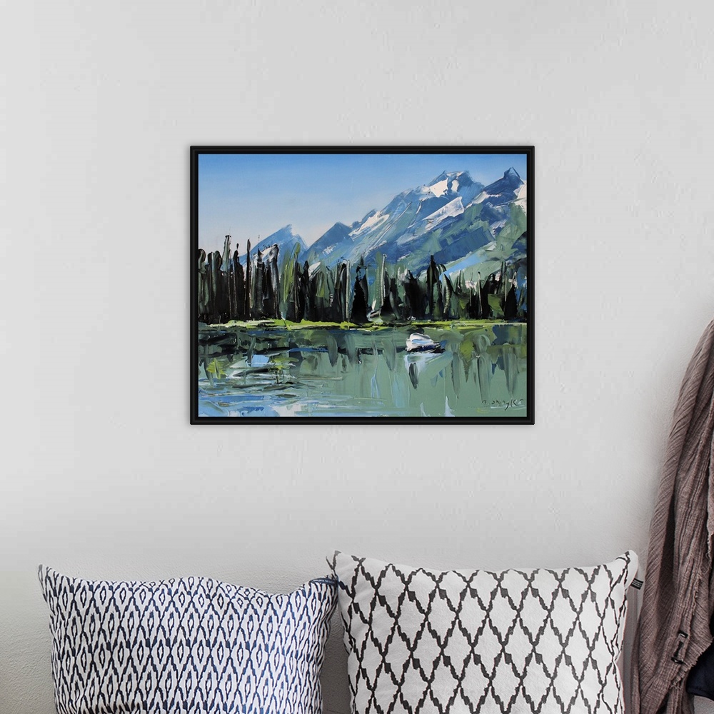 A bohemian room featuring Contemporary palette knife painting of green trees lining a body of water with mountains in the b...