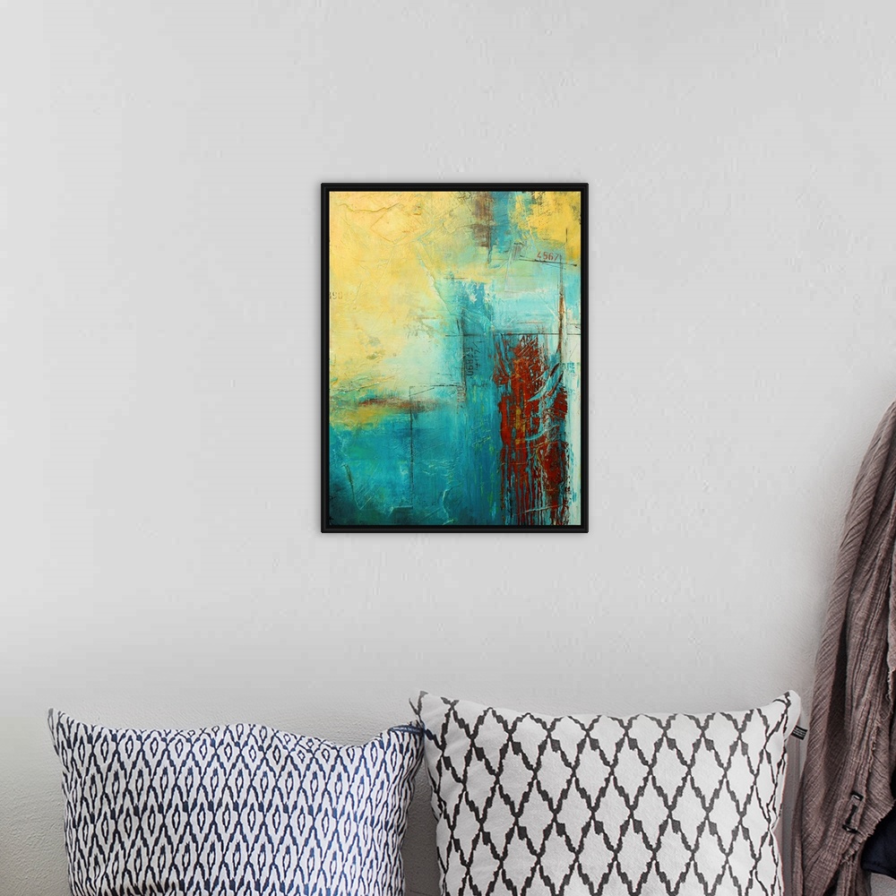 A bohemian room featuring Giant, vertical abstract painting with a variety of textured lines and patches of color, with sma...