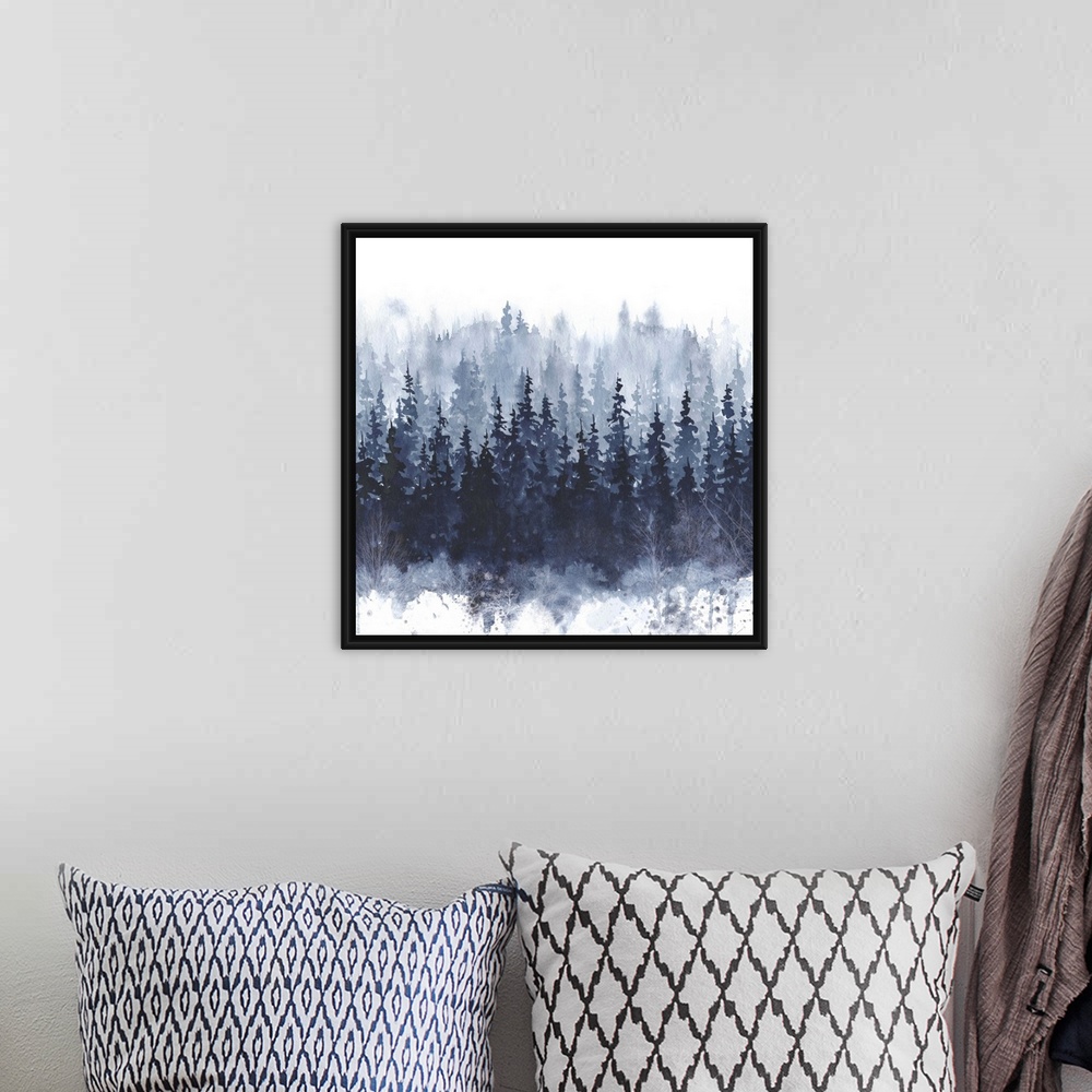 A bohemian room featuring Square watercolor painting of indigo trees with paint splatter on the bottom.