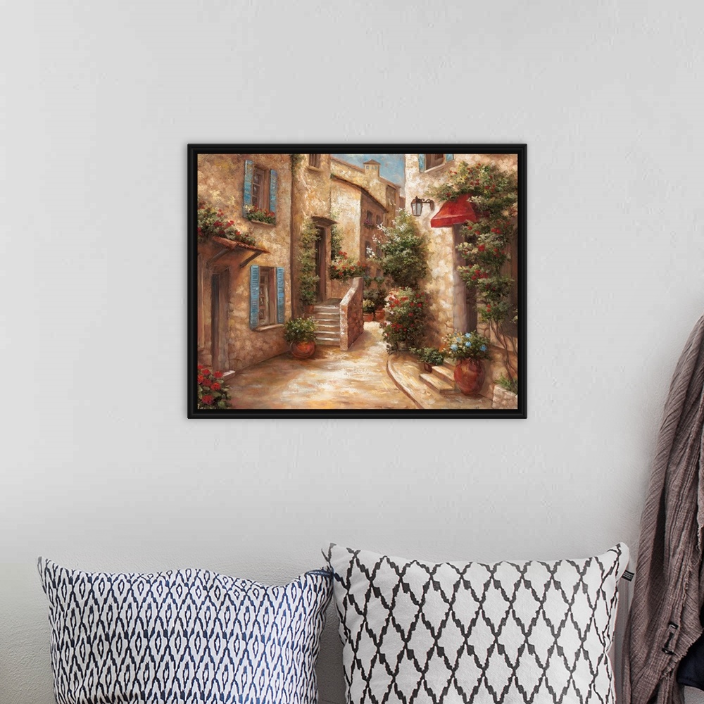 A bohemian room featuring Horizontal, large home art docor of a narrow street running through a stone Italian village, the ...