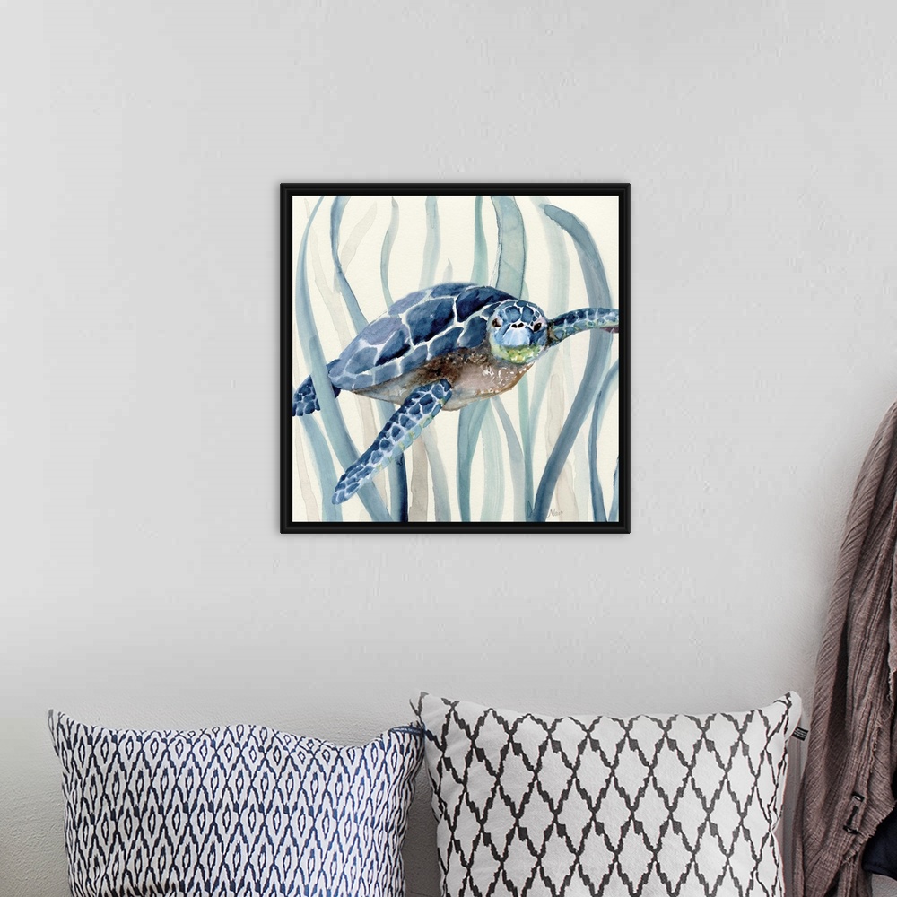A bohemian room featuring Square watercolor painting of a sea turtle  swimming through seagrass in shades of blue.