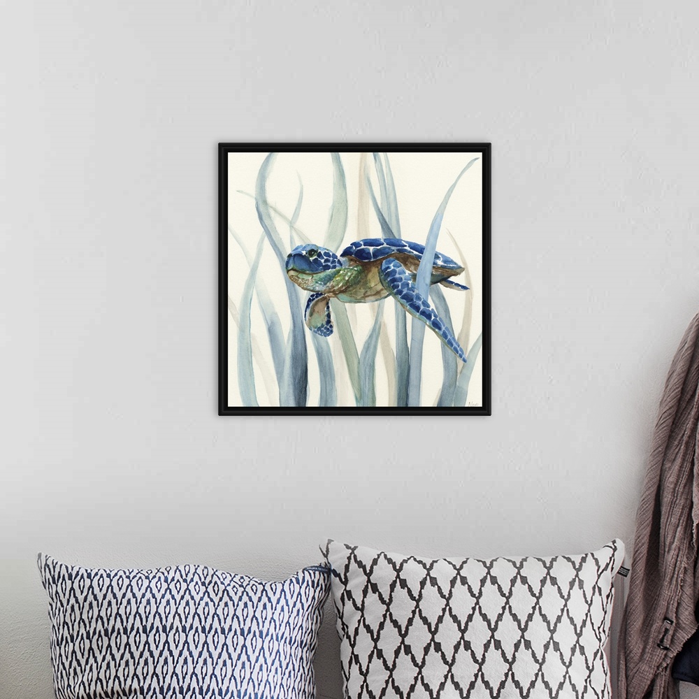 A bohemian room featuring Square watercolor painting of an indigo, green, and brown sea turtle underwater in swimming throu...