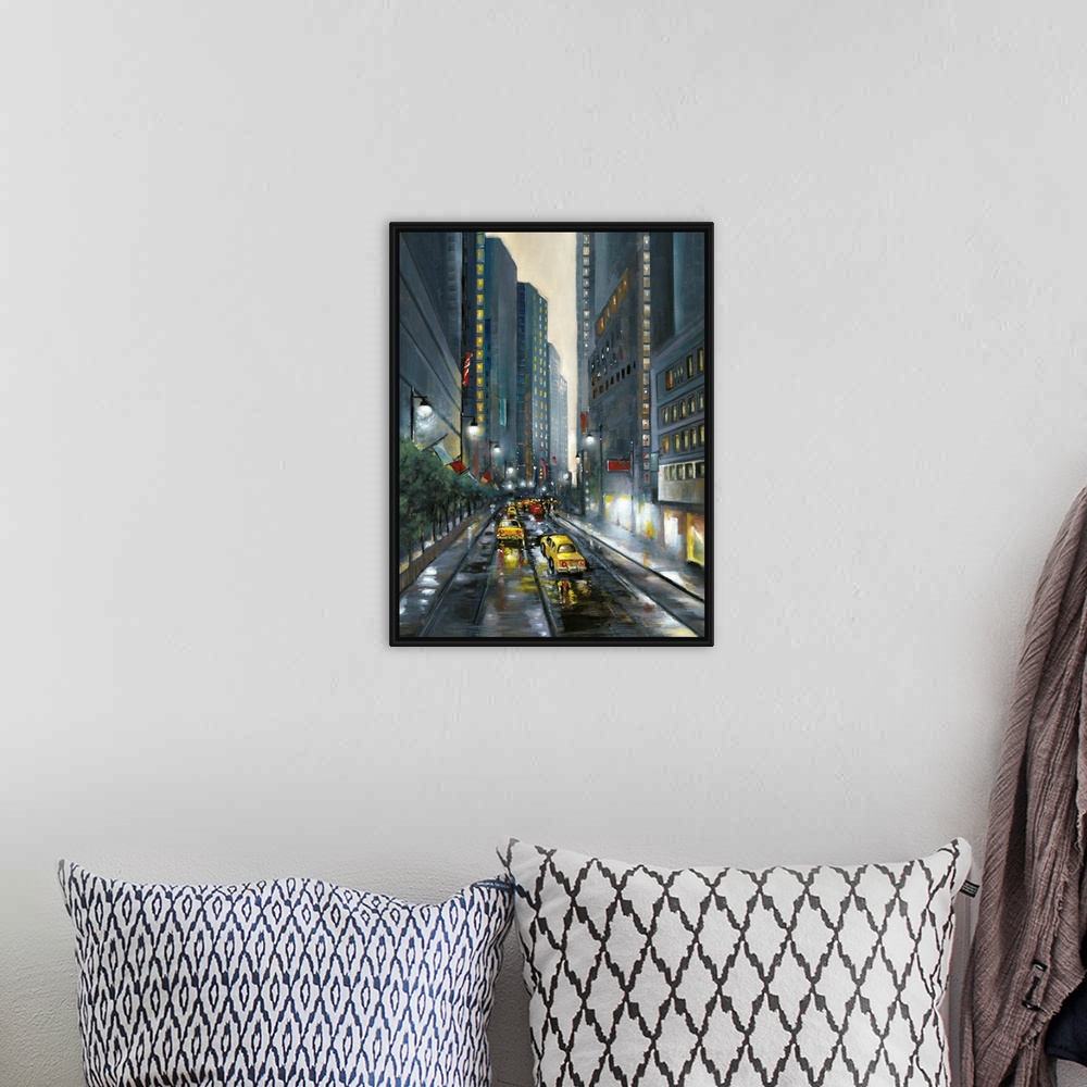 A bohemian room featuring Contemporary cityscape painting of a downtown city street lined with skyscrapers and filled with ...