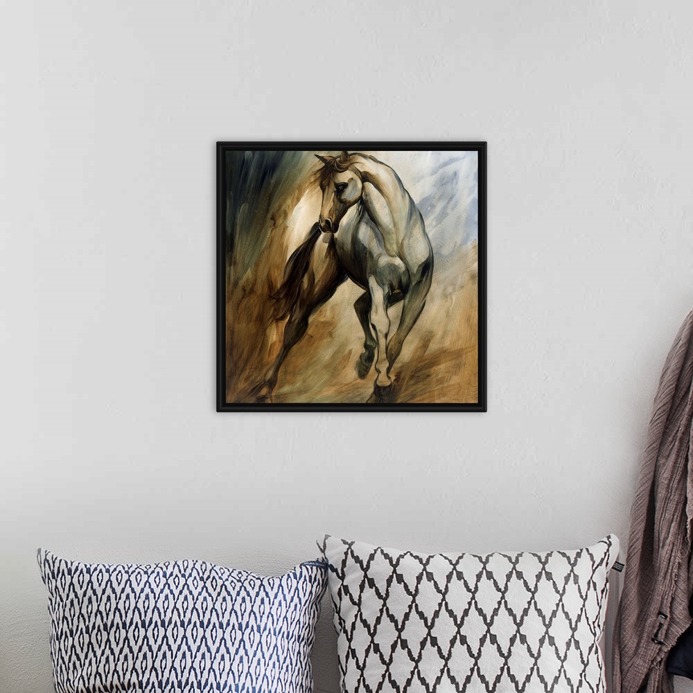 A bohemian room featuring Huge monochromatic contemporary art shows a horse galloping among a fairly blank backdrop.