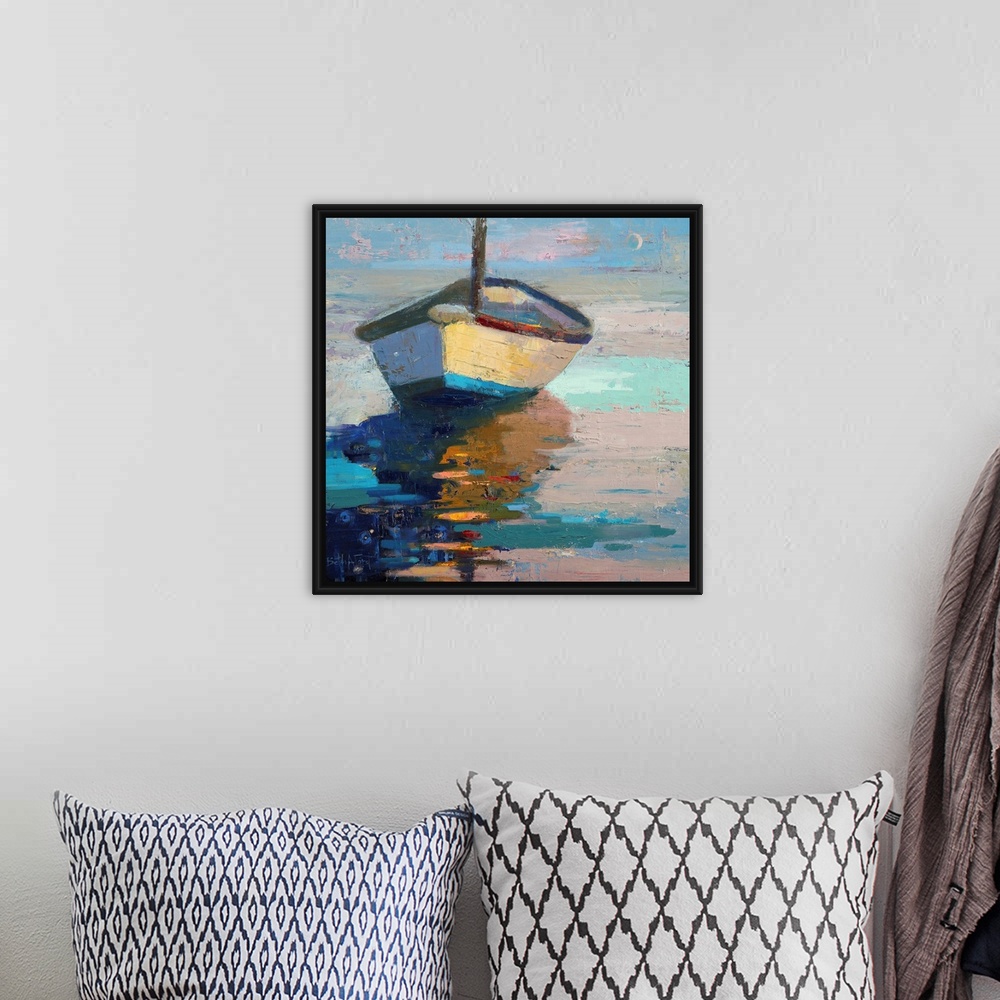 A bohemian room featuring A contemporary coastal themed painting of a row boat sitting in still water.