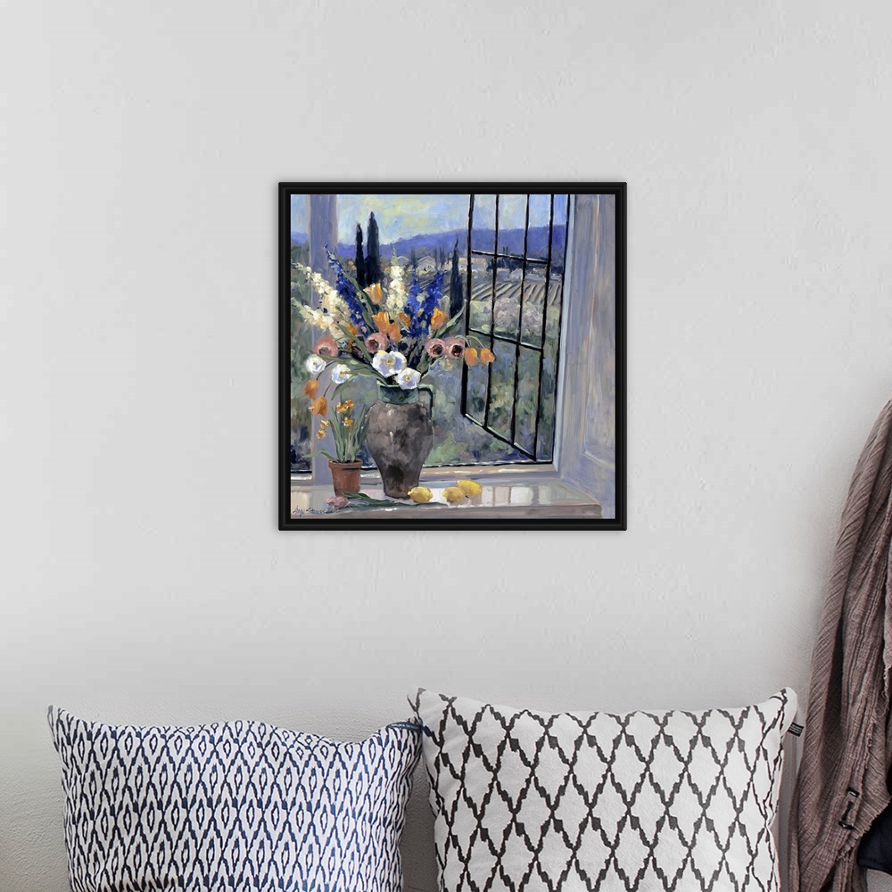 A bohemian room featuring Contemporary landscape painting of a flower filled vase sitting by an open window looking out ove...