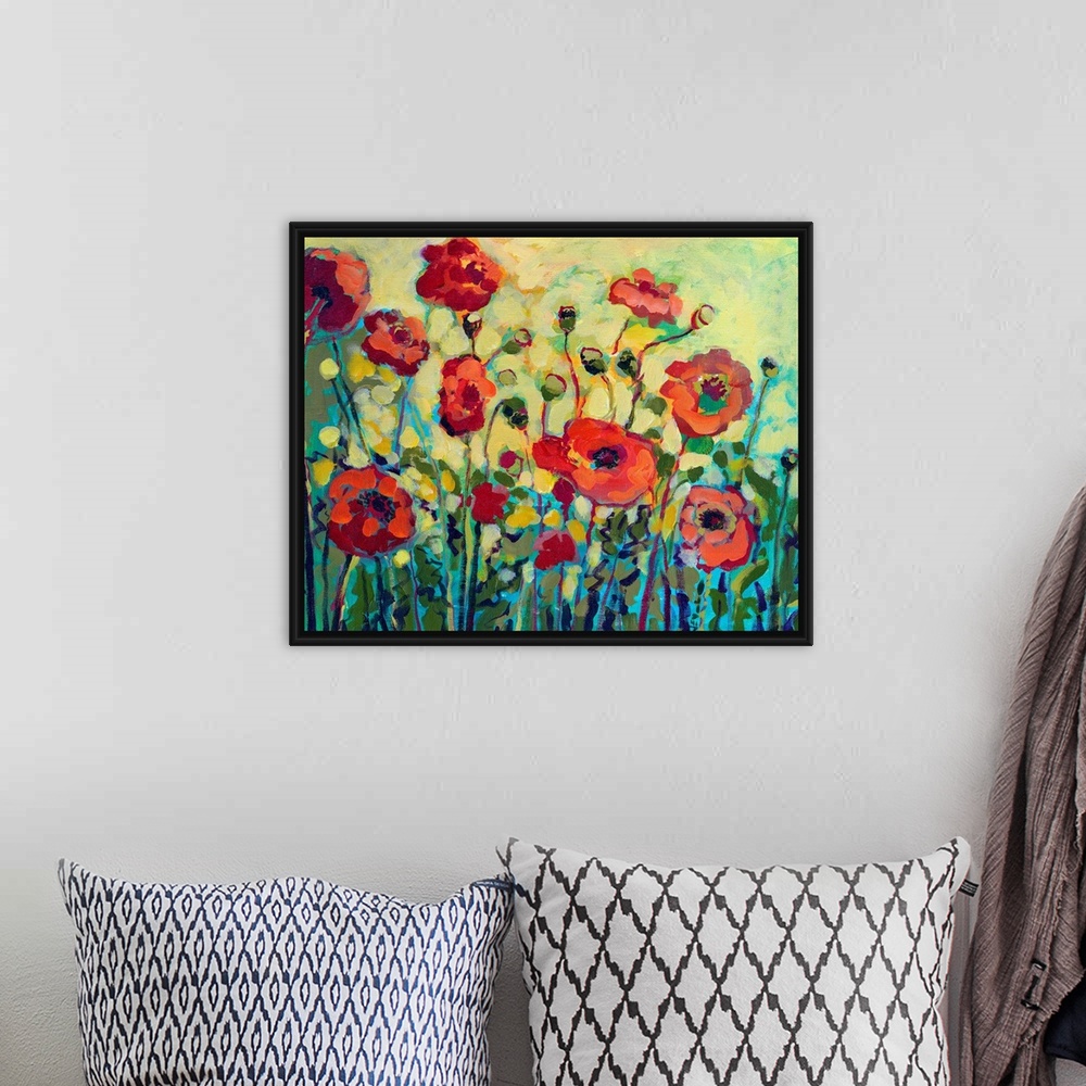 A bohemian room featuring Close up of poppy flowers and leaves with bold impressionistic brush strokes.
