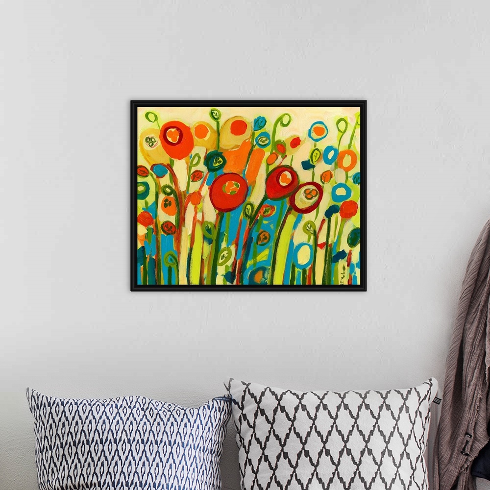 A bohemian room featuring Large contemporary art showcases a colorful arrangement of poppy flowers and buds.  Artists uses ...