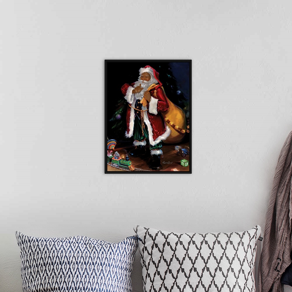 A bohemian room featuring Fine art painting of Santa Claus holding a bag with toys on the floor.