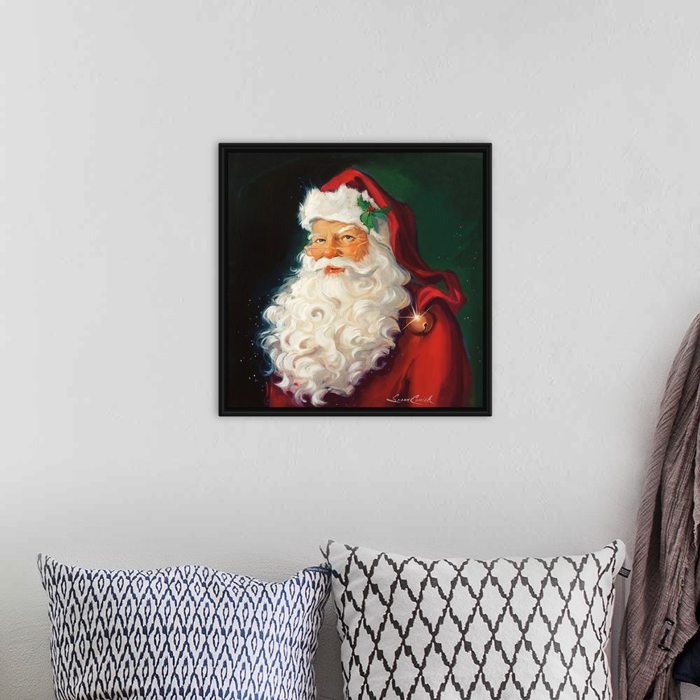 A bohemian room featuring Portrait of Santa with a white beard.