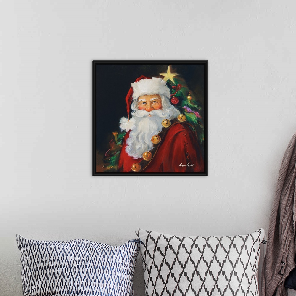 A bohemian room featuring Portrait of Santa with a tree in the background.