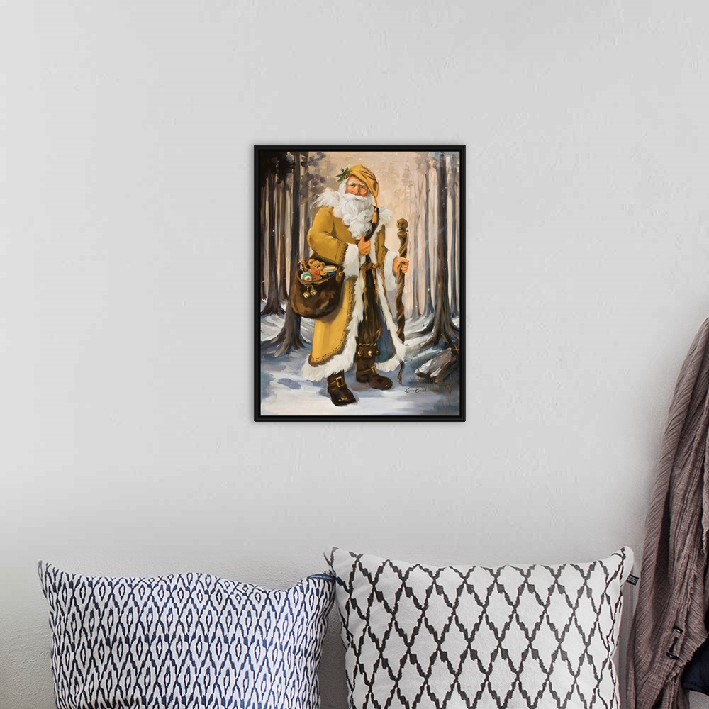 A bohemian room featuring Painting of Santa in a yellow suit walking through the woods.