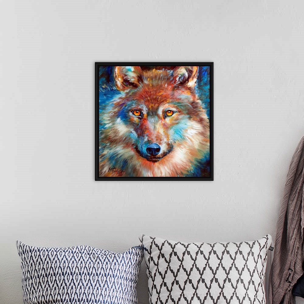 A bohemian room featuring Square painting of a colorful wolf made with intricate brushstrokes.