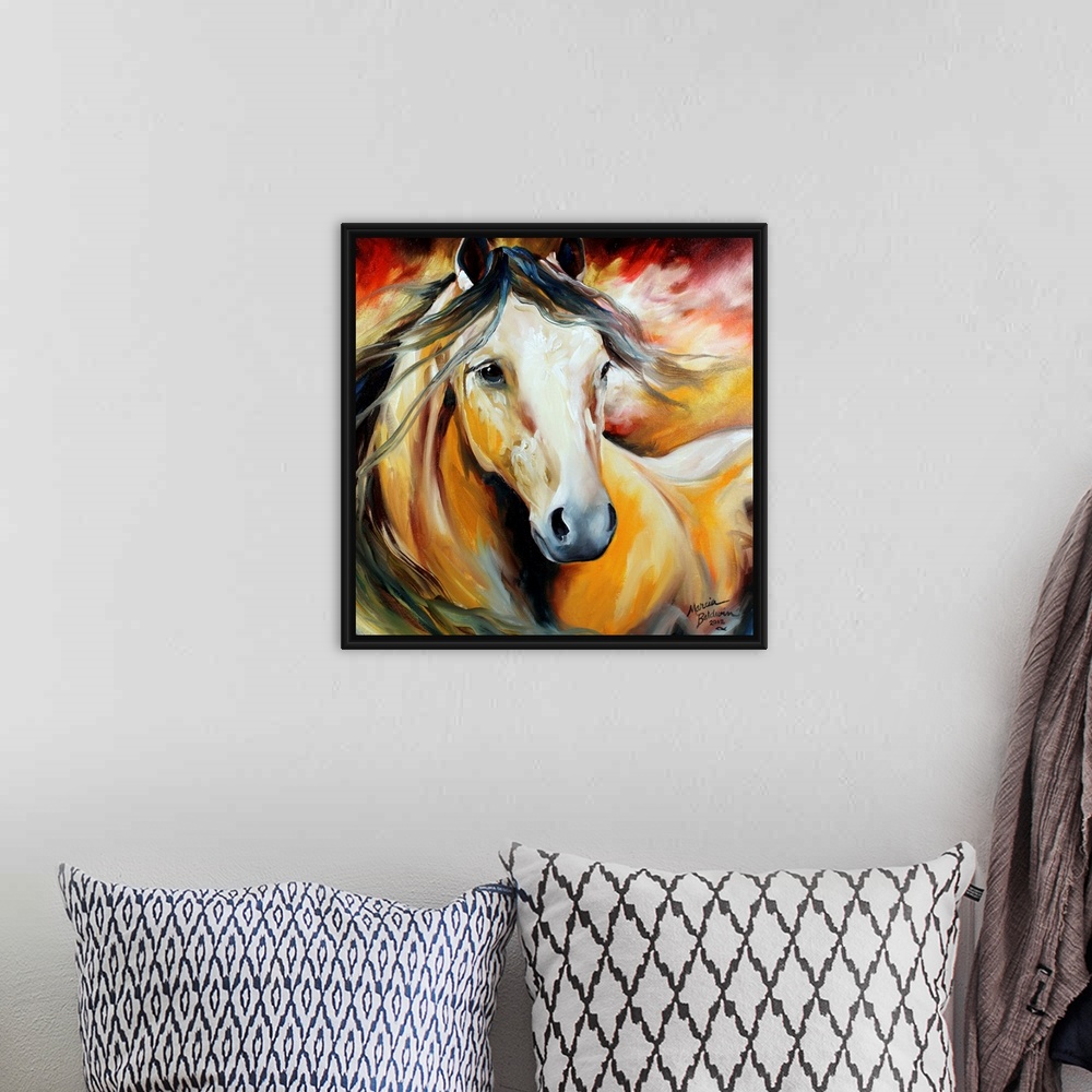 A bohemian room featuring Square painting of a horse with a dark flowing mane on a yellow, red, and white background.