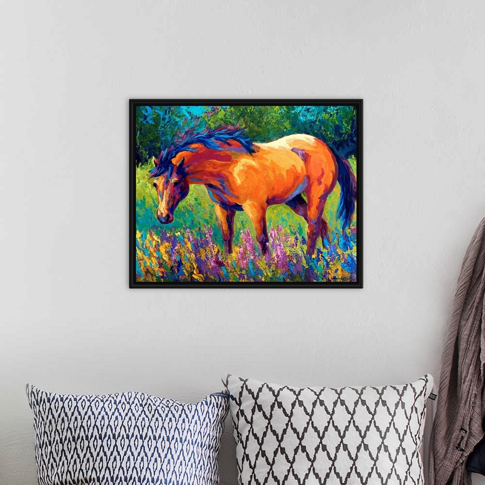 A bohemian room featuring A contemporary painting of a horse gazing in the outdoors surrounded by wild flowers; this horizo...
