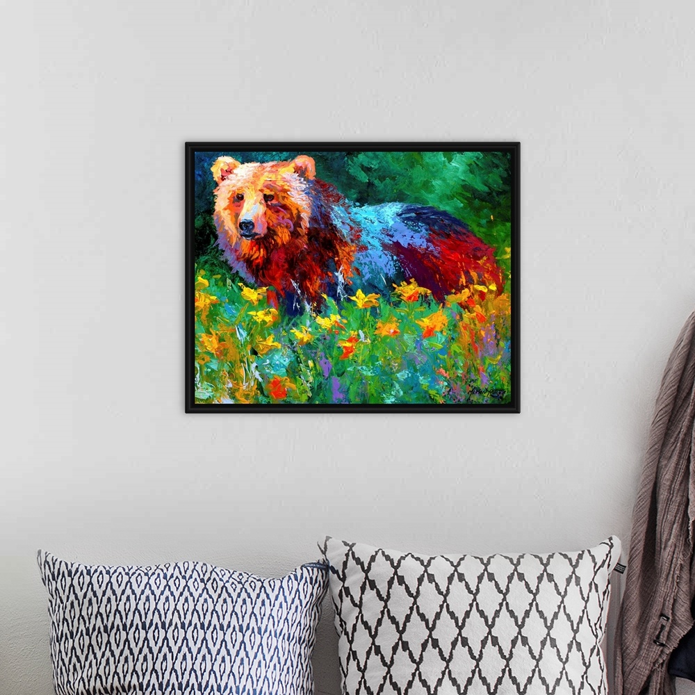A bohemian room featuring Impressionalistic painting of a large bear in the middle of a field of flowers with a forest in t...
