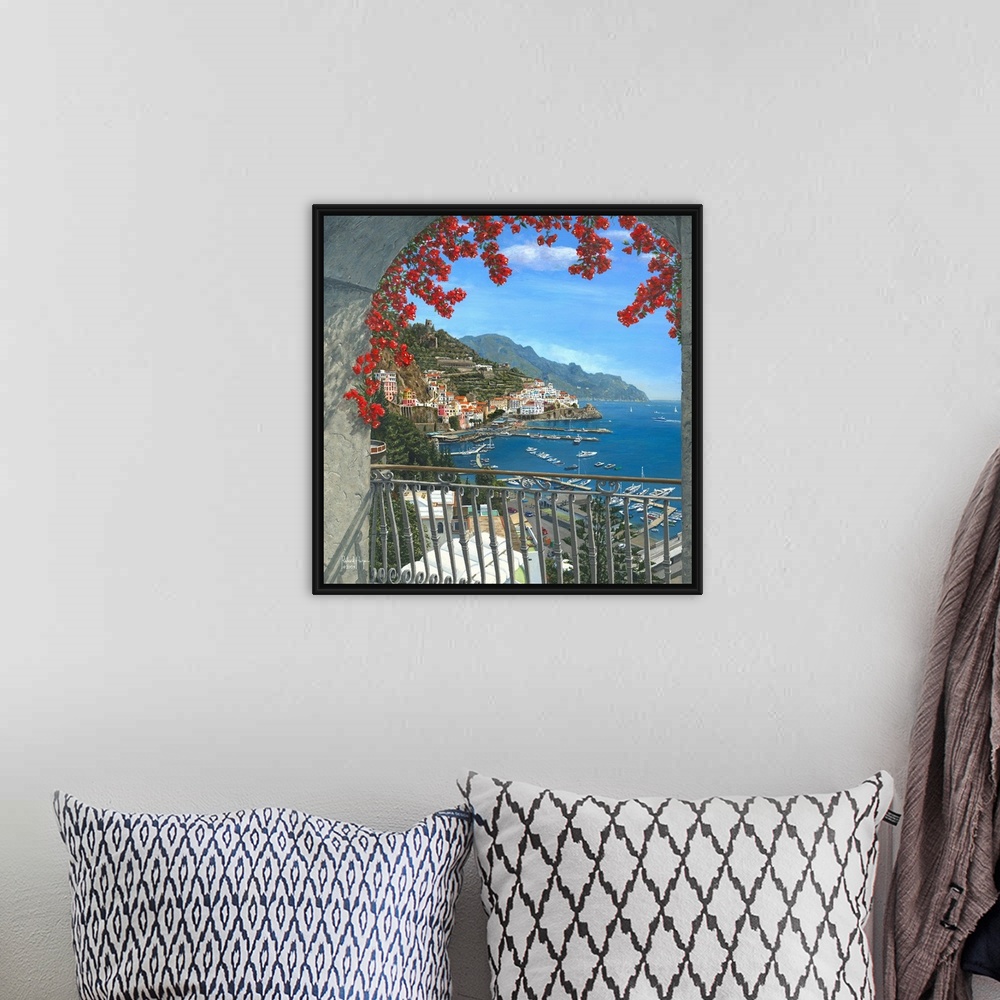 A bohemian room featuring Contemporary painting of a view of a European harbor from a floral adorned balcony.