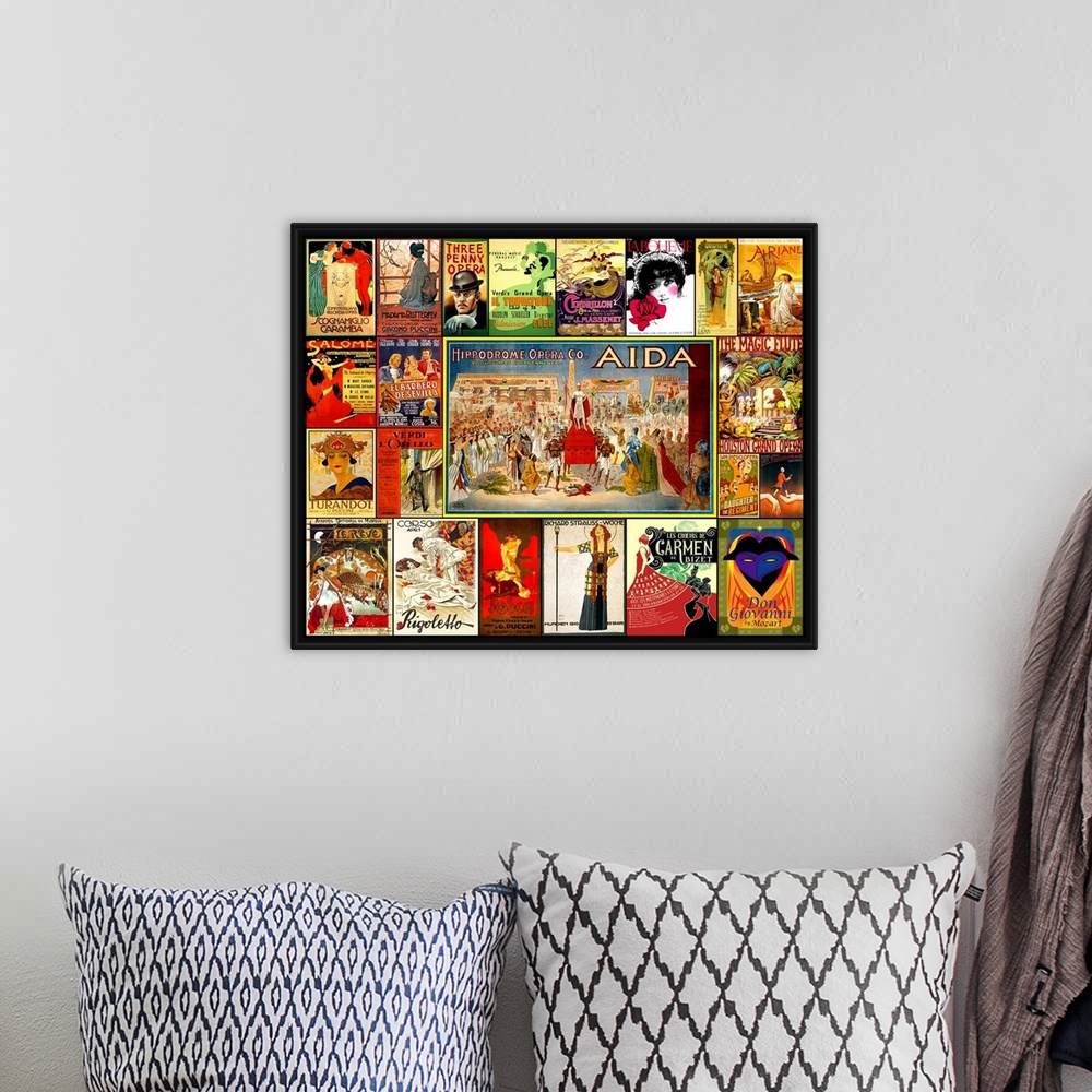 A bohemian room featuring A mosaic collage of vintage Opera and theater posters.