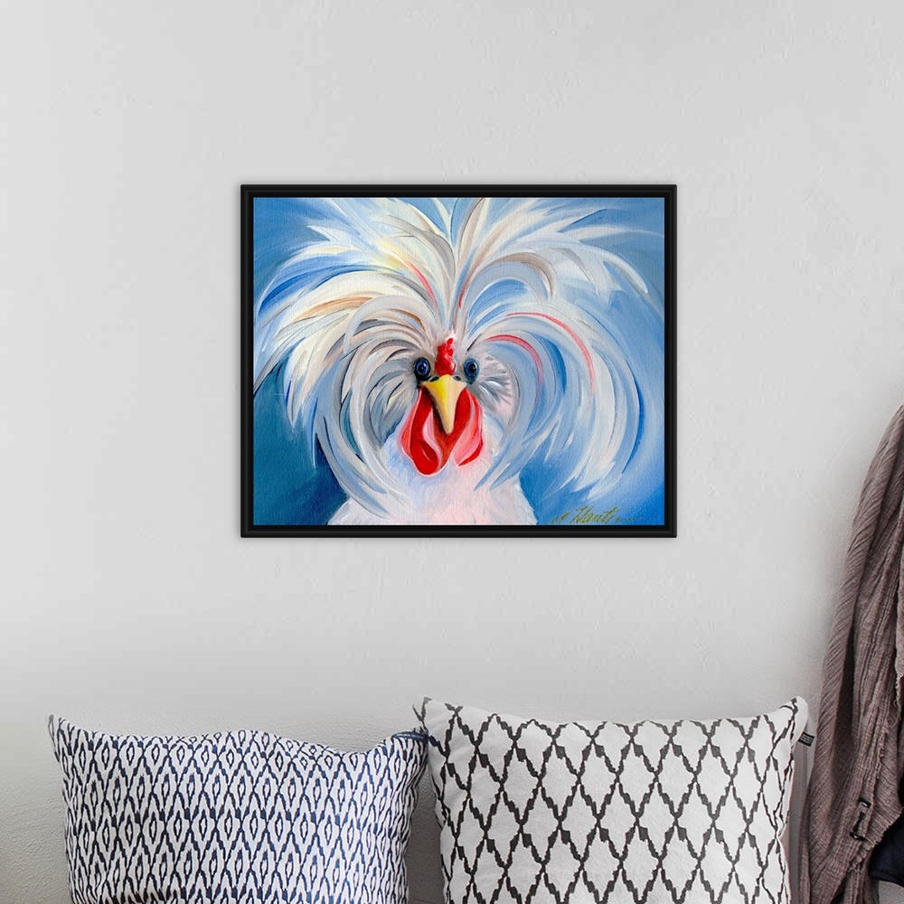 A bohemian room featuring A humorous painting of a rooster with the feathers on top of his sprouting up and out so as to gi...