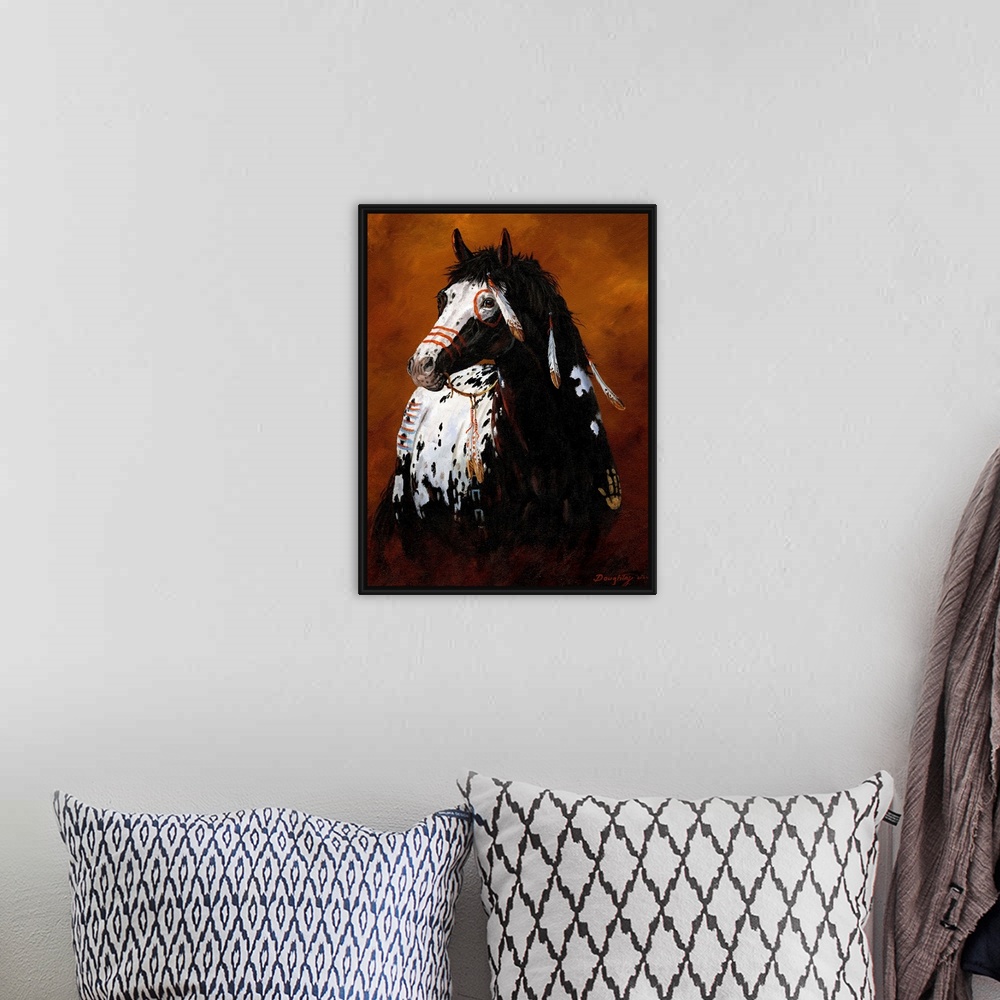 A bohemian room featuring Large painting of a horse decorated with Native American war paint, feathers and handprints.