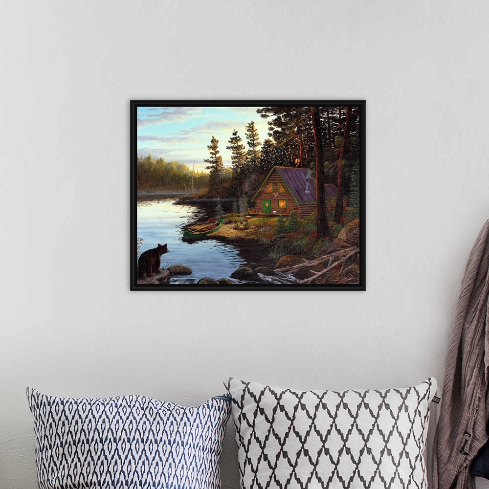 A bohemian room featuring Photograph of cabin in the woods by lake with canoe under a cloudy sky.  There is a bear on the o...