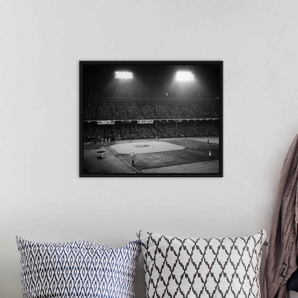 A bohemian room featuring 1940's 1947 Baseball Night Game Under The Lights Players Standing For National Anthem Ebbets Fiel...