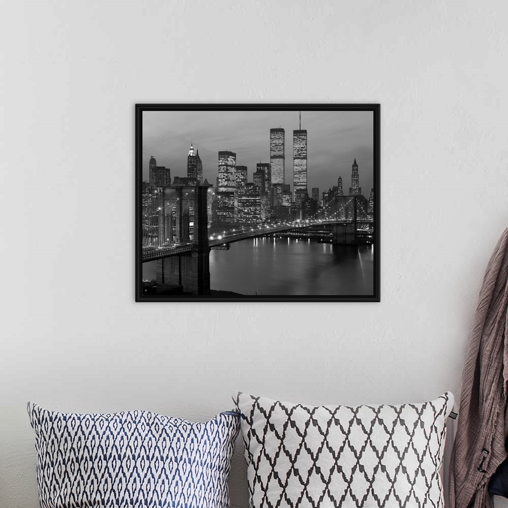 A bohemian room featuring 1980's New York City Lower Manhattan Skyline Brooklyn Bridge World Trade Center.