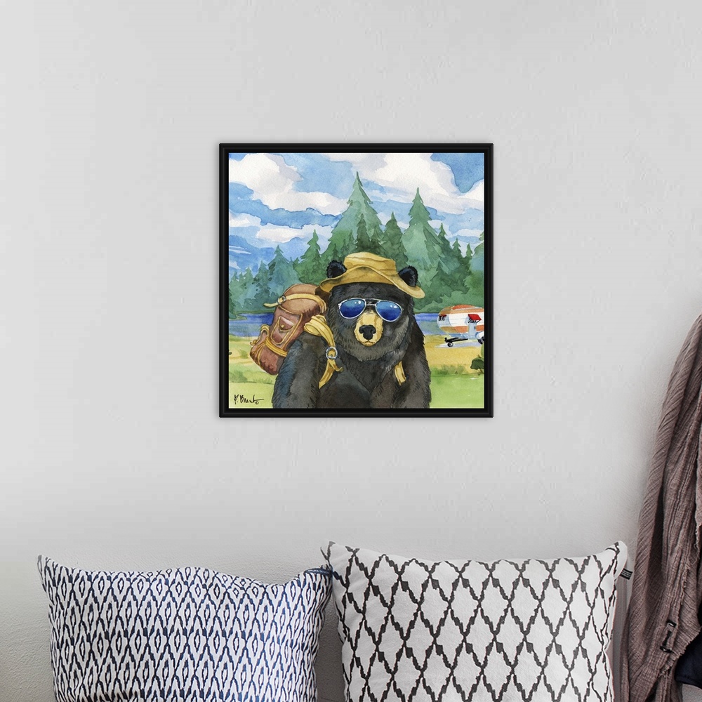 A bohemian room featuring Square watercolor painting of a black bear with camping gear outside in the wilderness.