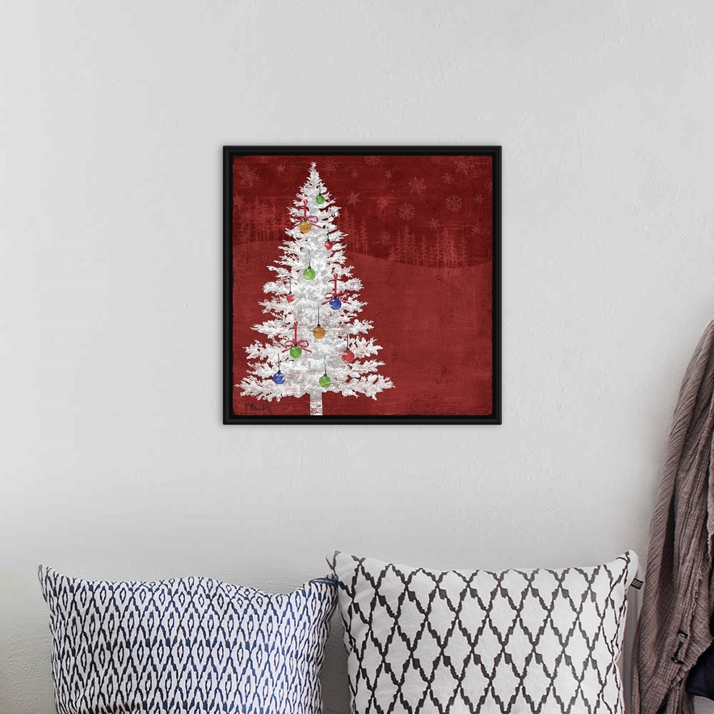 A bohemian room featuring Artwork of a white tree decorated with Christmas Ornaments on a red background.