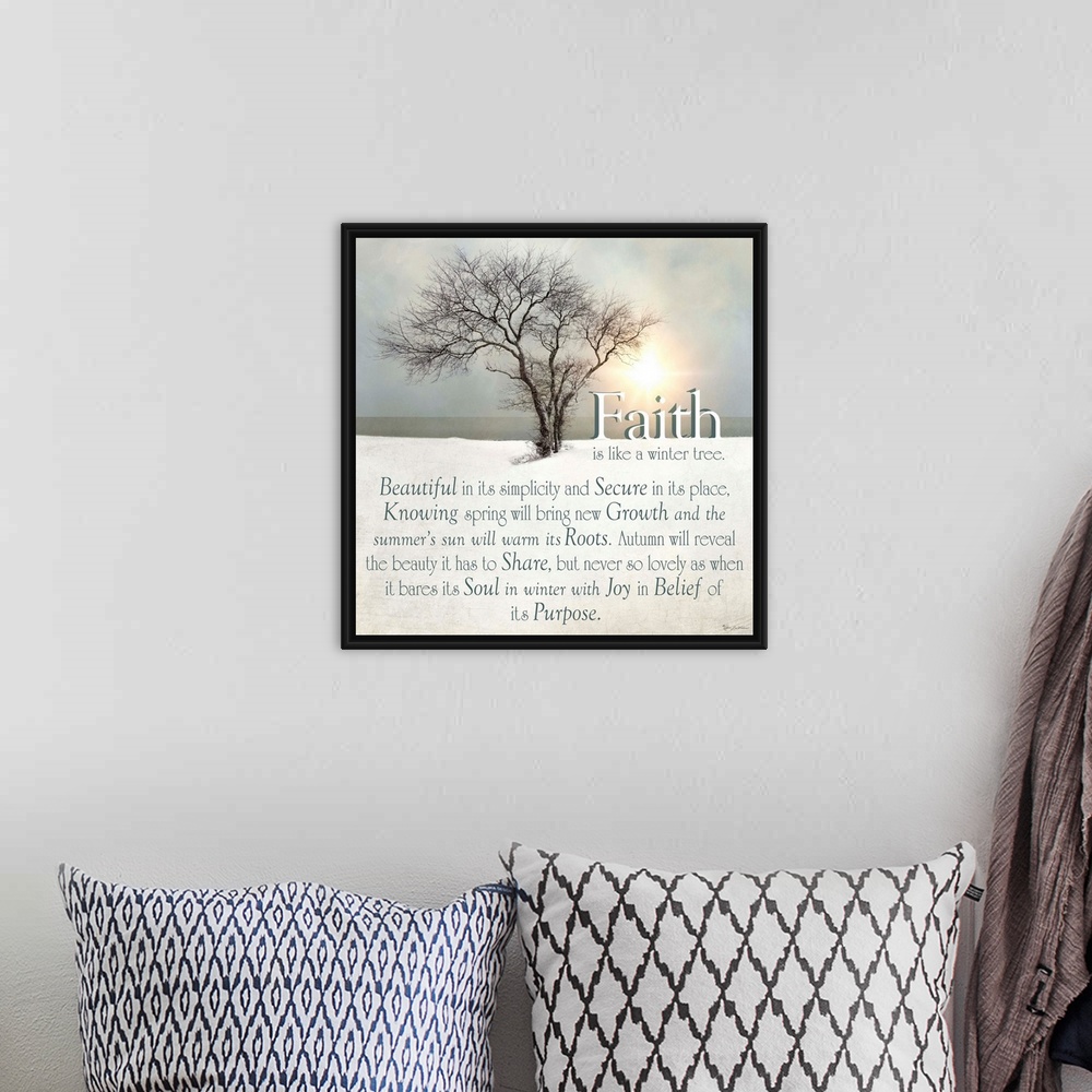 A bohemian room featuring A poetic typography piece that compares Faith to a living tree.