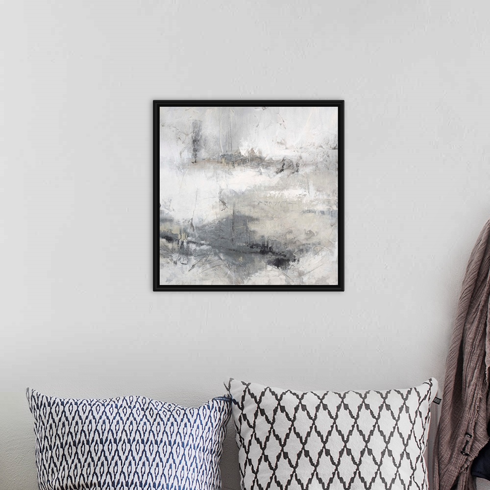 A bohemian room featuring Abstract contemporary artwork in misty shades of white and grey.