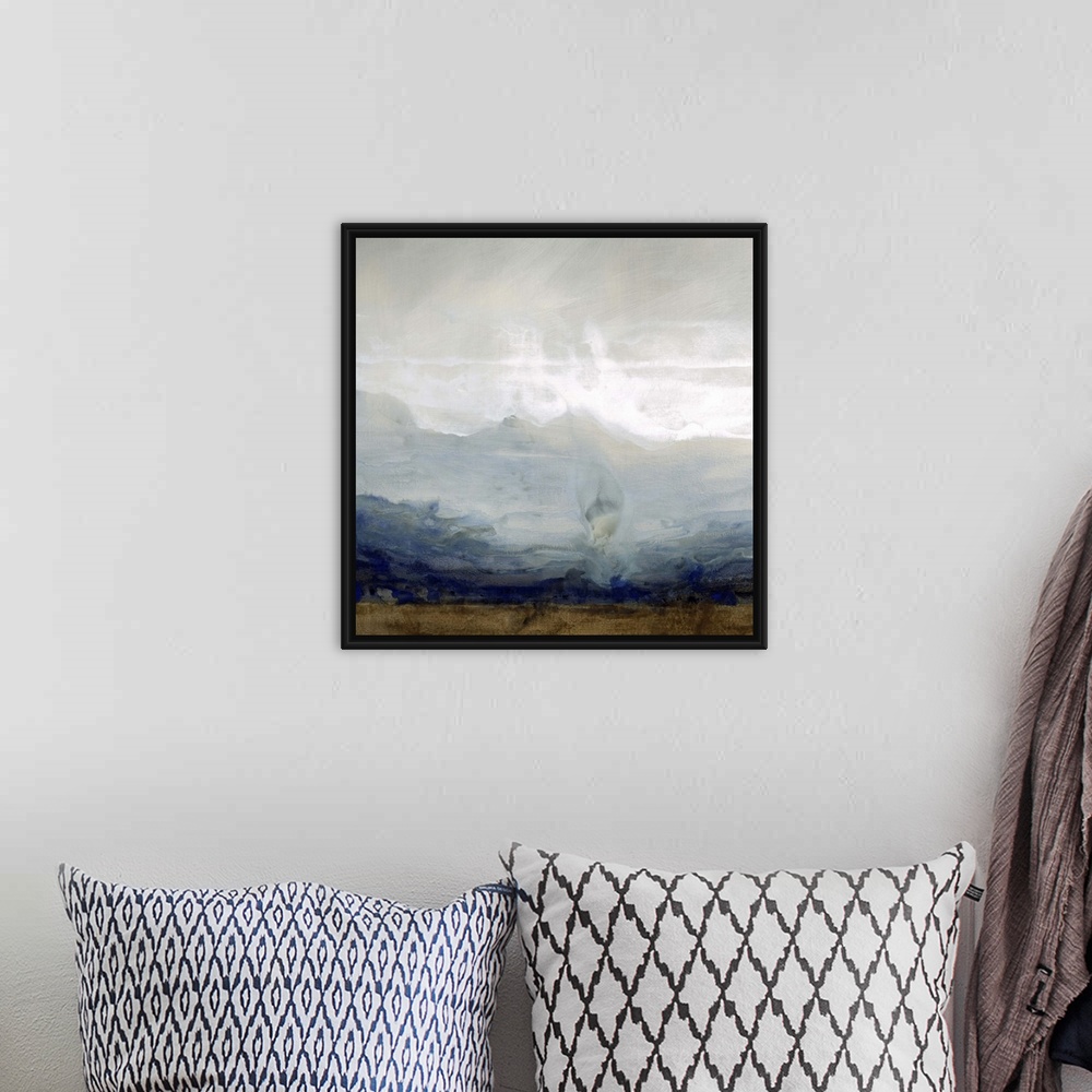 A bohemian room featuring Contemporary painting of a misty landscape with shapes of mountains in the distance.