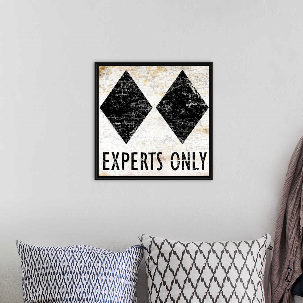 A bohemian room featuring A worn, distressed, cracked and rusty Experts Only ski sign.