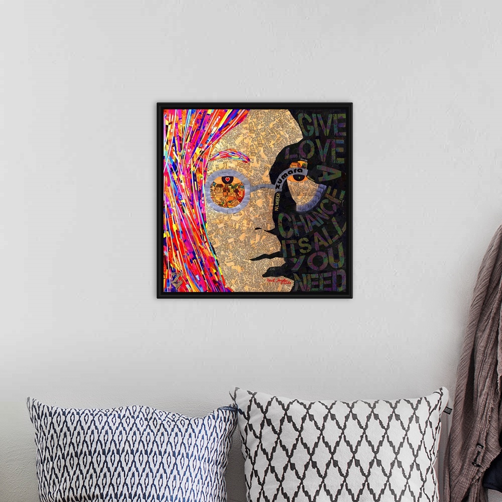 A bohemian room featuring A square portrait of the famous musician collaged together with text, stenciled letters over a pa...