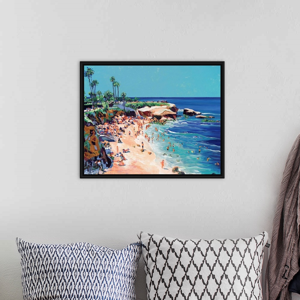 A bohemian room featuring Painting of swimmers, surfers, snorkeling, and sun bathing at the world famous park and beach in ...