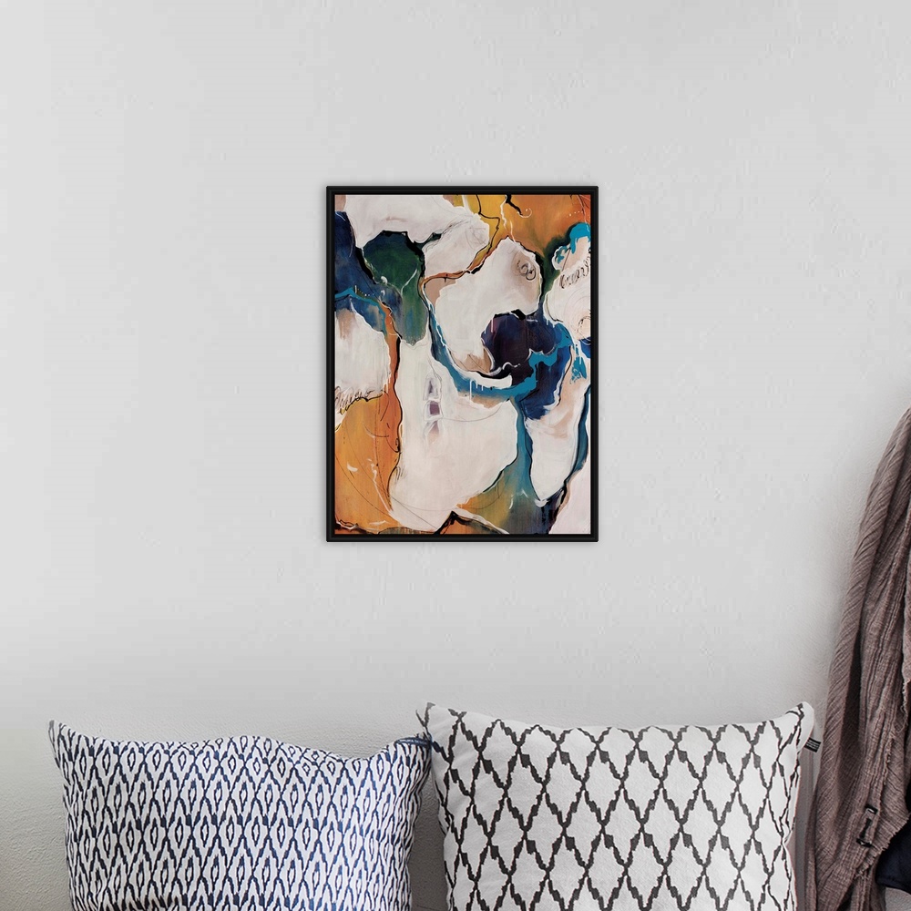 A bohemian room featuring Contemporary abstract artwork with flowing areas of color, reminiscent of a busy ocean town on a ...