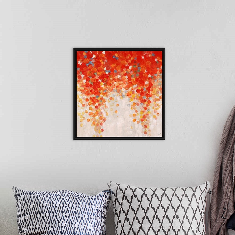 A bohemian room featuring Abstract painting of a large cluster of gumballs in warm tones that appear to be raining downward...