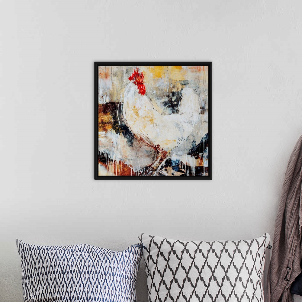 A bohemian room featuring Abstract painting of a rooster.