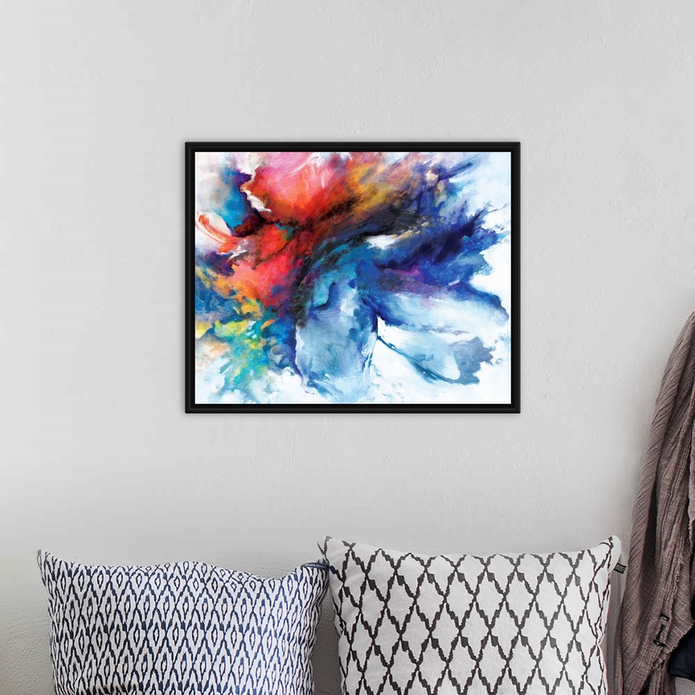 A bohemian room featuring A contemporary abstract painting of a cloud-like formation of deep colors and brush strokes.