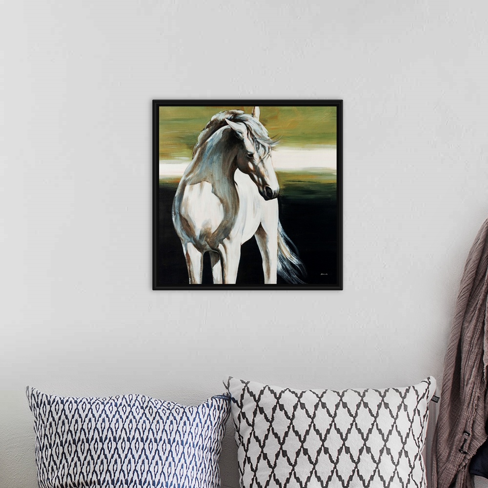 A bohemian room featuring Square, big painting of a partially shadowed, white horse from the knees up, standing forward wit...
