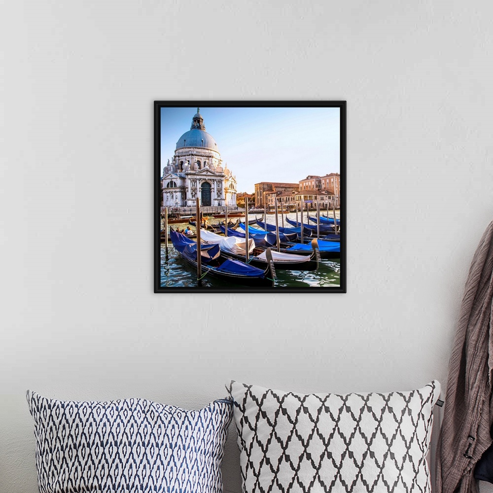 A bohemian room featuring Square photograph of gondolas lined up in a row in front of Santa Maria della Salute, Venice, Ita...