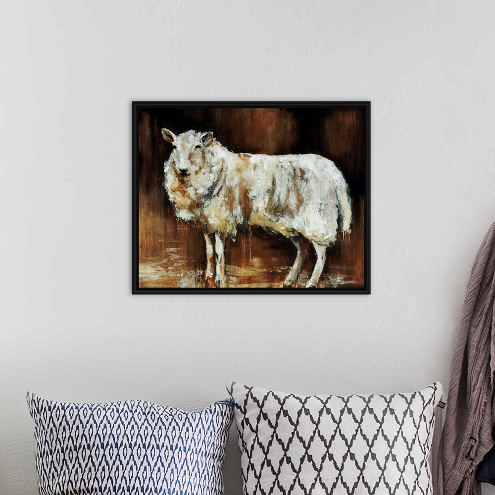 A bohemian room featuring Contemporary artwork of a sheep that uses different neutral shades to give it dimension.