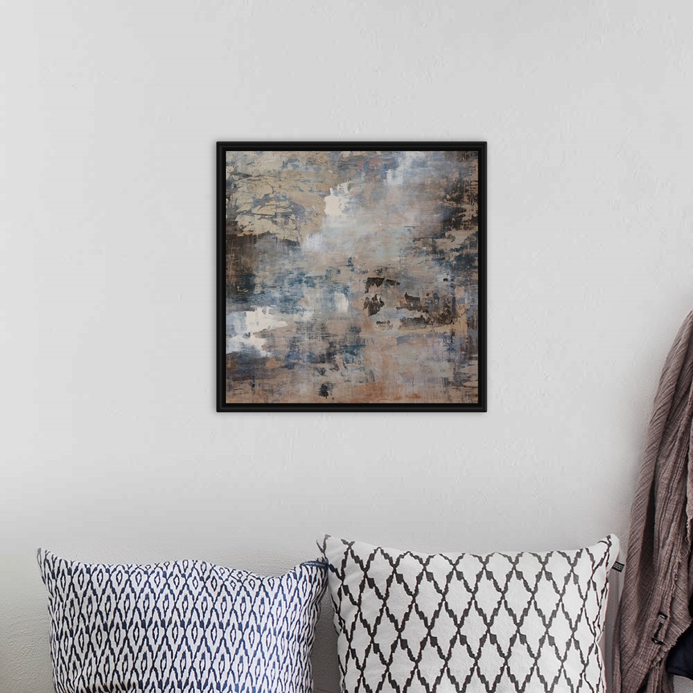A bohemian room featuring Giant abstract art composed of assorted streaks and patches of faded earth tones layered on top o...