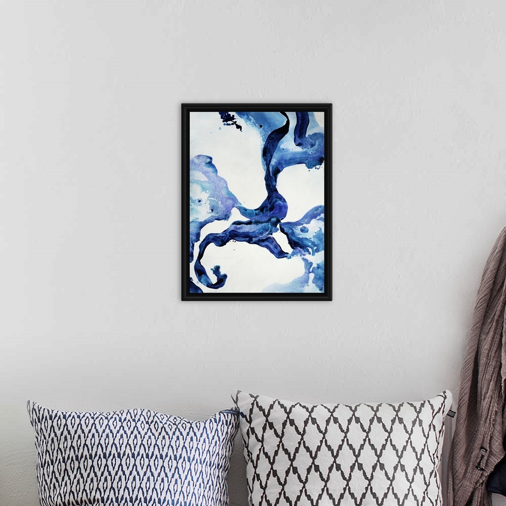 A bohemian room featuring Contemporary abstract painting featuring fluid and curvaceous shapes done in varying shades of in...