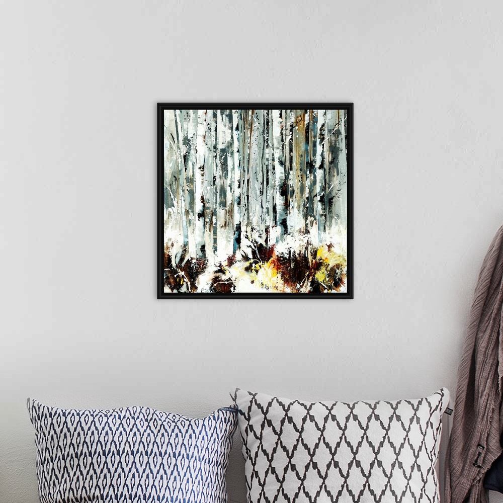 A bohemian room featuring Abstracted painting of birch trees done in various shades of gray.