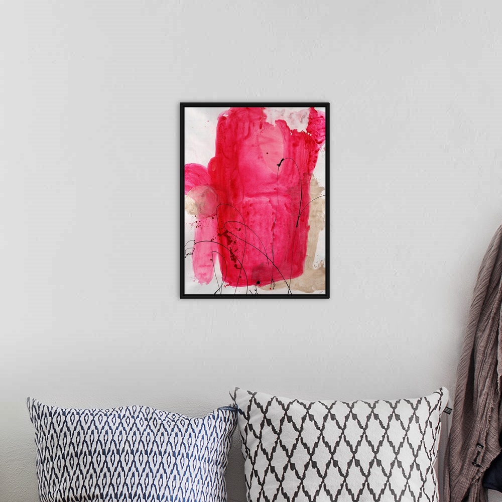 A bohemian room featuring Painting of a large abstract shape in bright pink tones with thin, swirling lines of paint that a...
