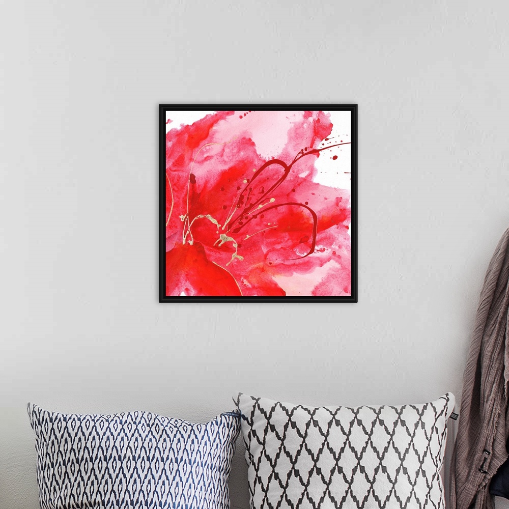 A bohemian room featuring Contemporary abstract painting using a splash of vibrant red against a white background.